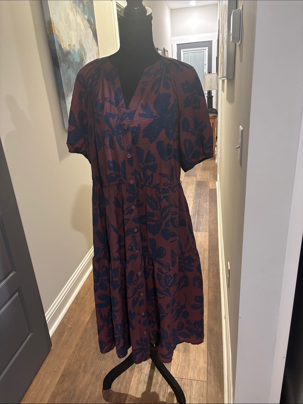 Women's Button-Front Floral Midi Dress in Burgundy and Navy